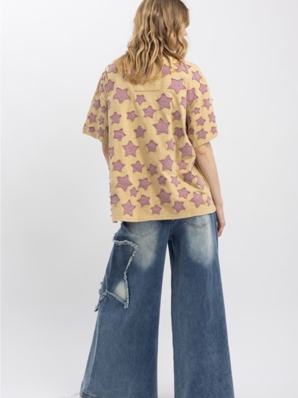 Taupe Star Patchwork Top OVERSIZED with Pockets Bluevelvet - Picture 2 of 3